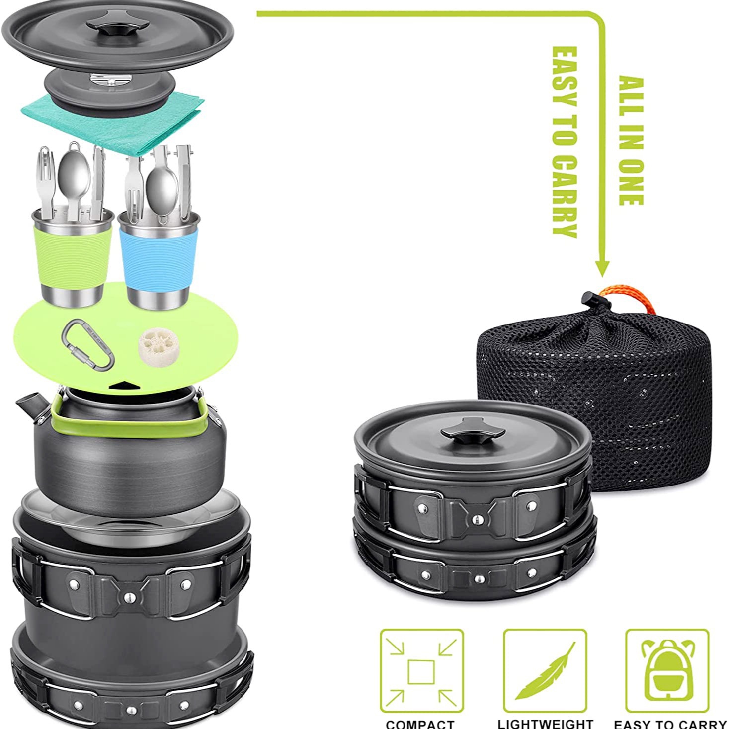 Camping Cooking Set Lightweight - Outdoor Camping Cook Set with Kettle,